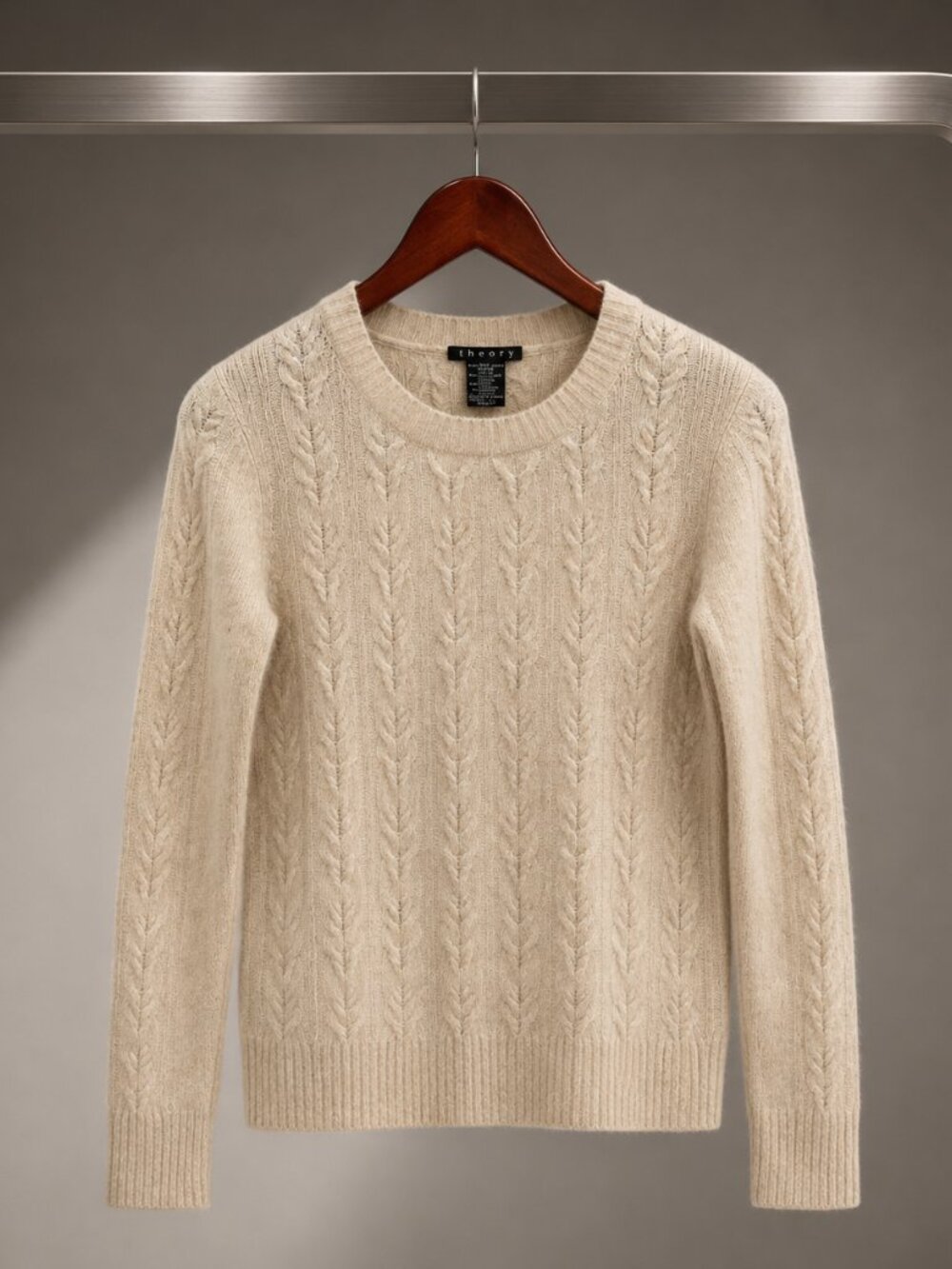 Theory Merino Wool Camel Hair Cable Knit Crewneck Sweater Oatmeal Petite P